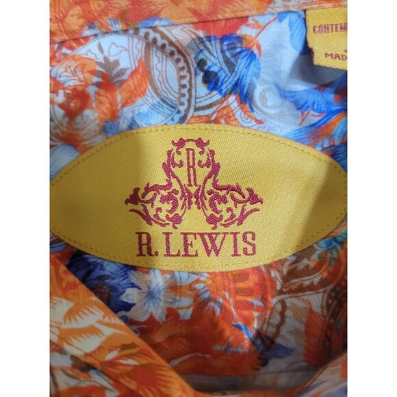 R. Lewis Orange Blue Contemporary Fit Size Large 100% Cotton Square Button Up - Picture 3 of 11
